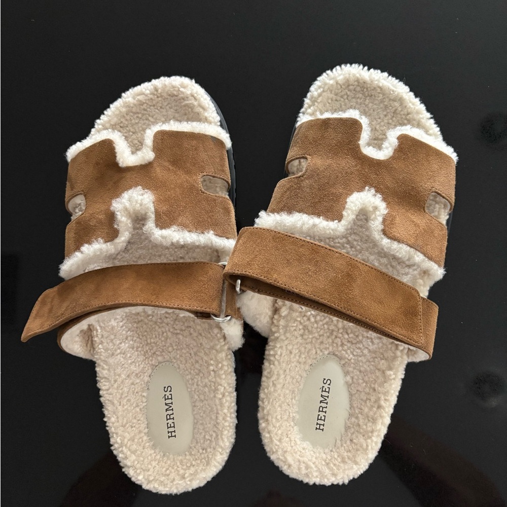 Hermes Brown and Cream Slippers with Plush Lining
